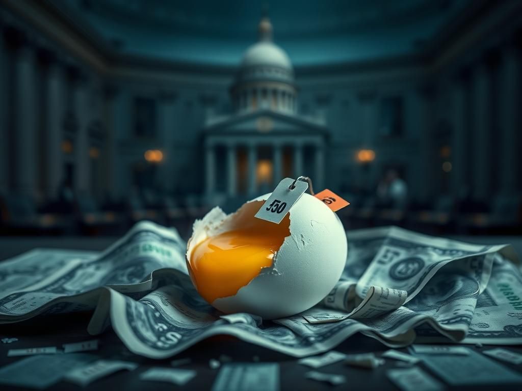 Flick International A broken egg with price tags on a crumpled dollar bill symbolizing economic distress