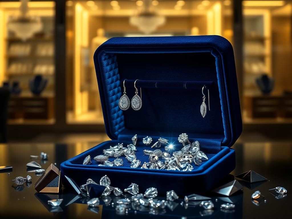 Flick International Artistic rendering of a luxurious velvet jewelry display case with diamond earrings and shattered glass fragments