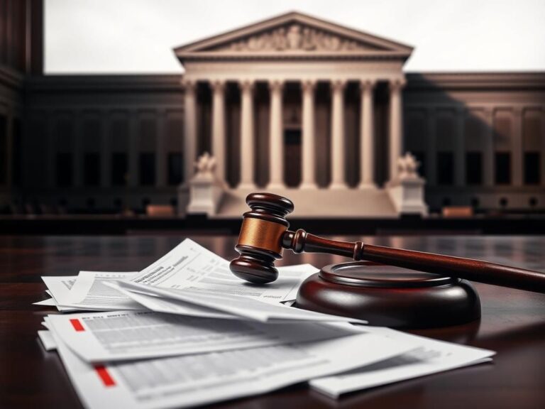 Flick International A dramatic courtroom scene featuring a gavel and the U.S. Supreme Court building, symbolizing judicial authority