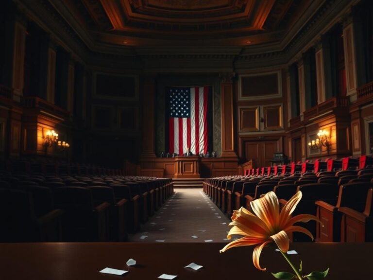 Flick International Empty chamber of Congress showcasing ornate architecture and American flag