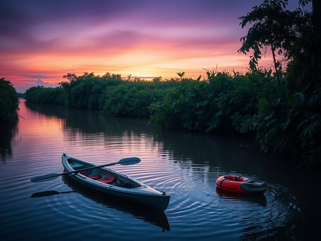 Flick International Abandoned kayak floating in a Florida canal reflecting a dangerous setting