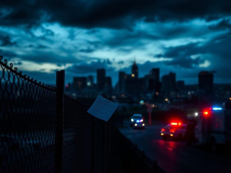 Flick International Dramatic dusk cityscape of Denver, showcasing a chain-link fence and ominous storm clouds