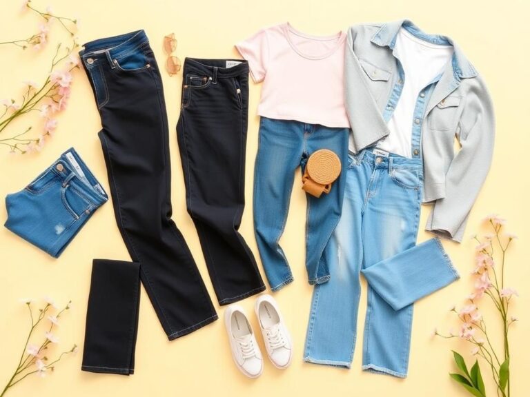 Flick International A flat lay of stylish women's jeans including high-waisted, cropped, and wide-leg fits on a sunny background.