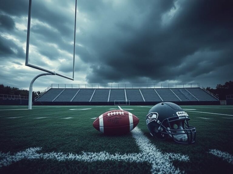 Flick International An empty football goalpost with a worn-out football on a cloudy football field