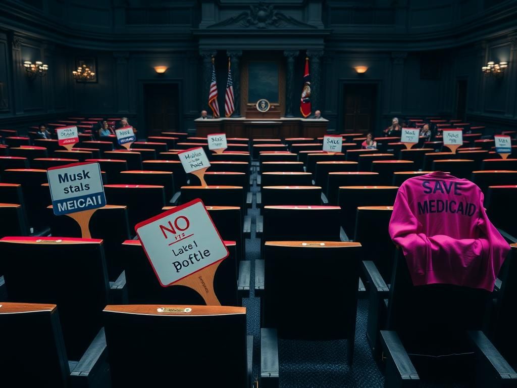 Flick International Somber legislative chamber with empty seats and protest paddles