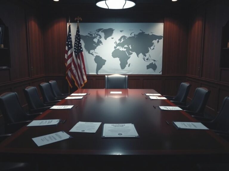 Flick International Dimly lit government briefing space with American flag and Middle East map