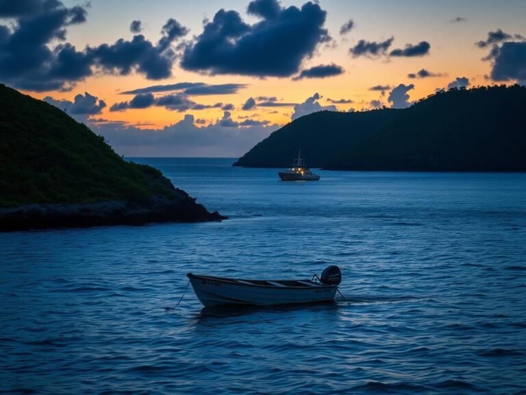 Flick International Empty panga-style boat on calm Caribbean waters near Aguadilla, Puerto Rico at twilight