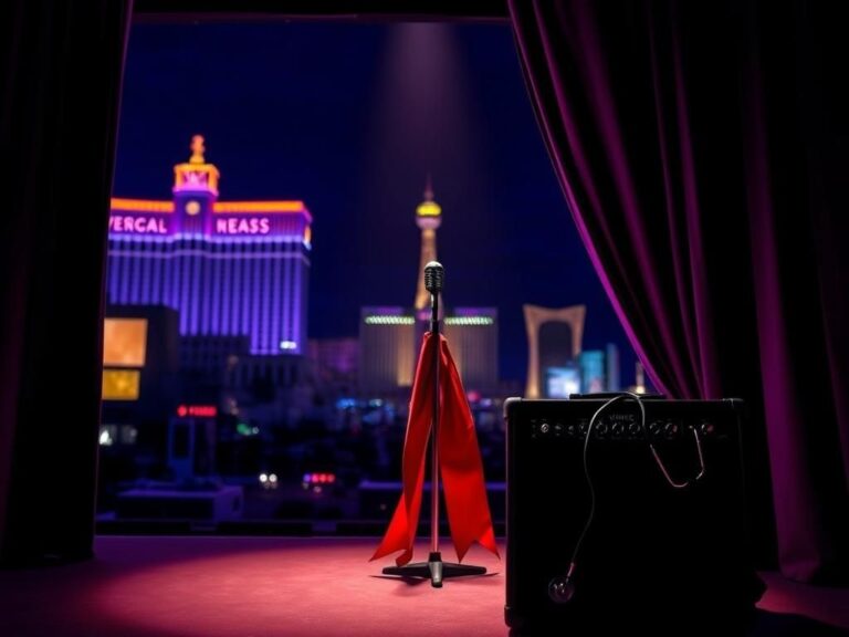 Flick International Dimly lit Las Vegas stage with an empty mic stand and a red scarf, symbolizing Vince Neil's presence.