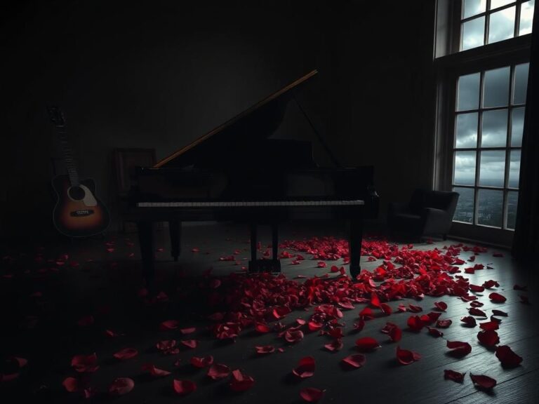 Flick International Dimly lit grand piano in a somber setting with crimson rose petals scattered on the floor