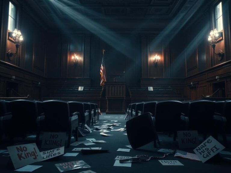 Flick International A dramatic empty legislative chamber with an American flag podium