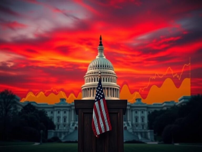 Flick International Dramatic sunset over the United States Capitol building with an empty podium and American flag