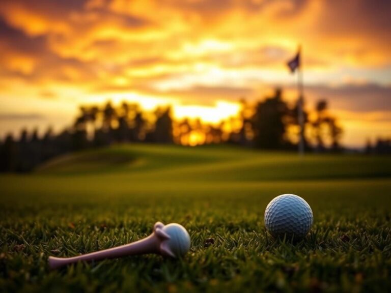 Flick International Lush golf course at sunset with broken tee and golf ball symbolizing rivalry