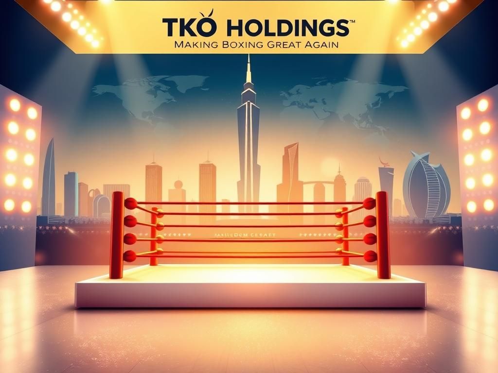 Flick International A boxing ring illuminated against the Riyadh skyline with the Kingdom Centre Tower in the background.