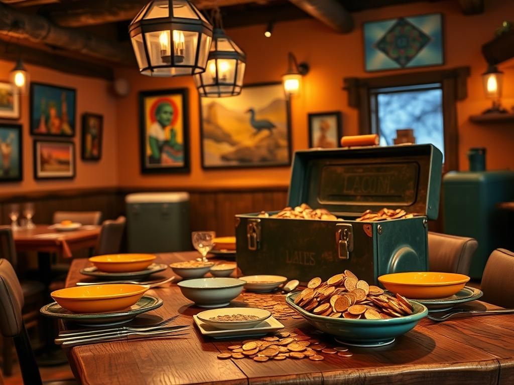 Flick International Rustic restaurant setting with colorful dishes and a toolbox of copper pennies