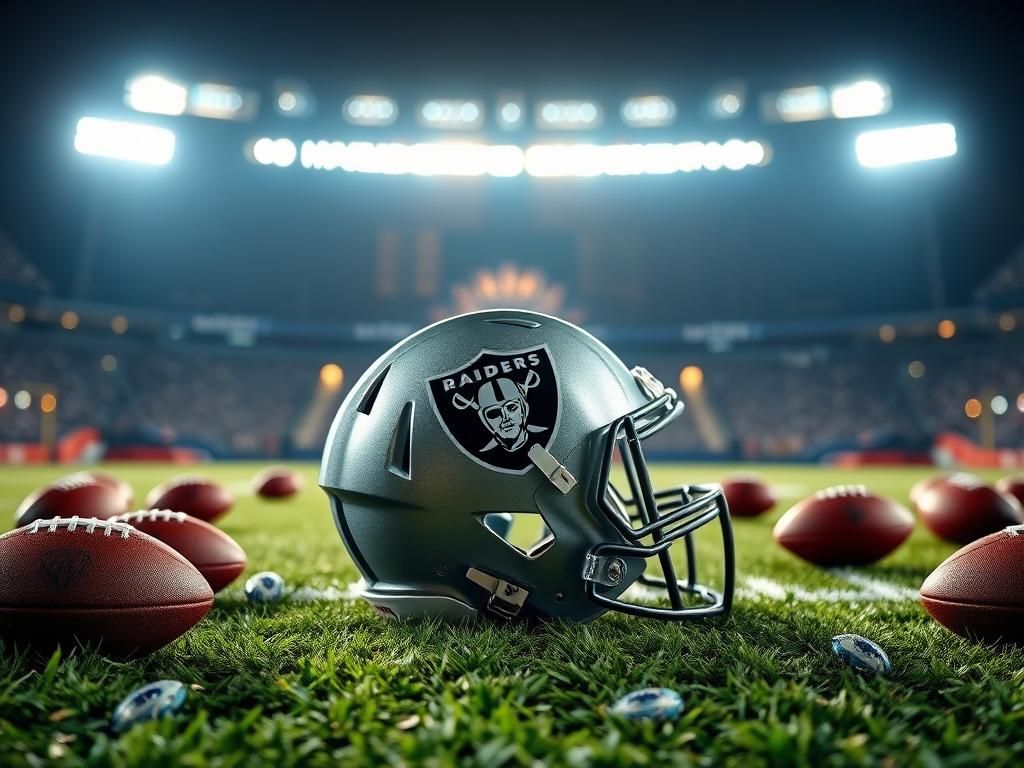 Flick International Close-up of a Raiders helmet on the 50-yard line under stadium lights