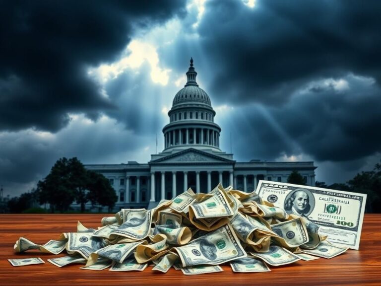 Flick International A dramatic view of the California State Capitol building under stormy clouds with crumpled dollar bills on a table.