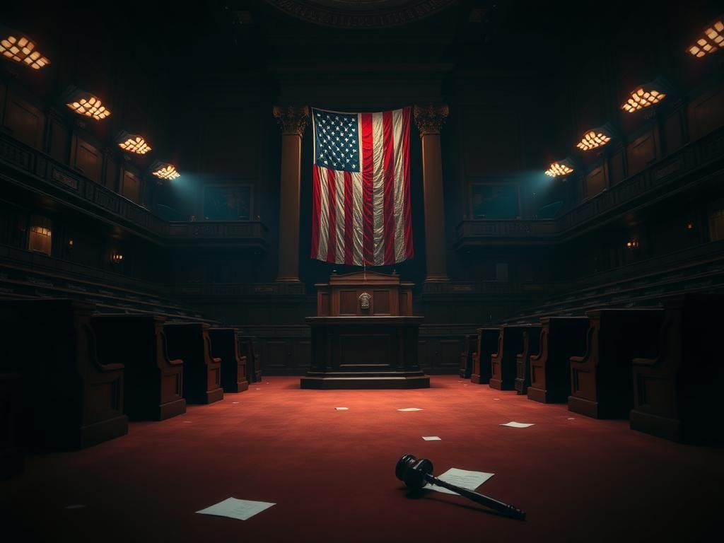 Flick International Dimly lit congressional chamber with shadows and a large podium