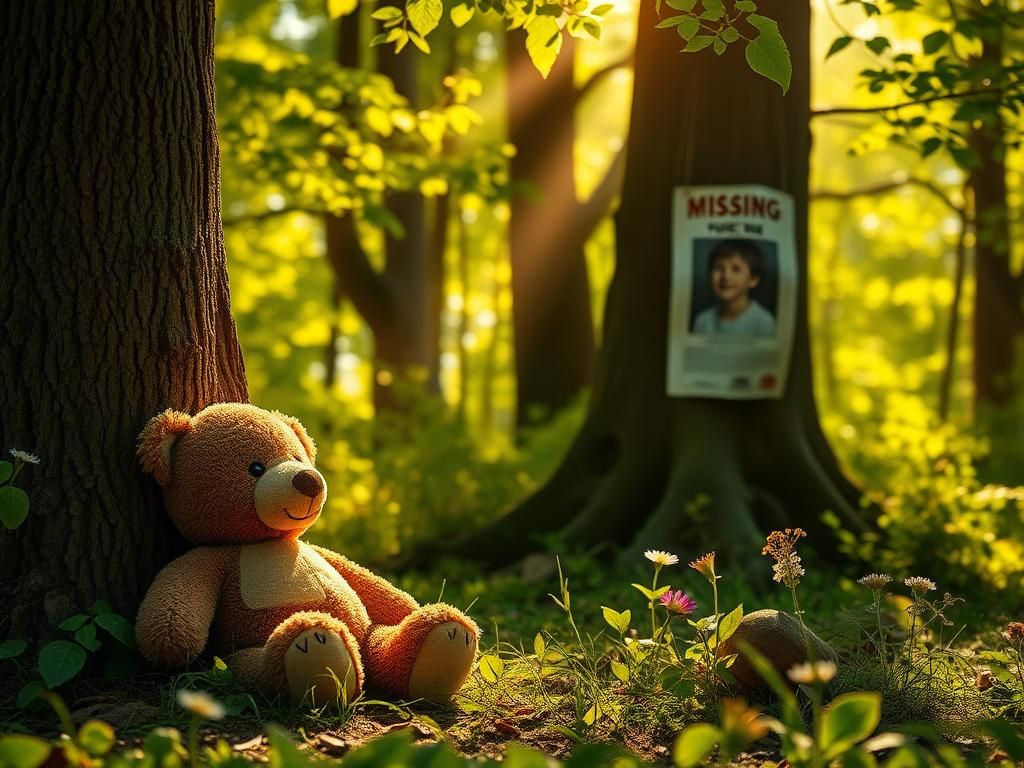 Flick International A weathered teddy bear resting against a tree in a sunlit forest clearing, symbolizing childhood innocence and hope.