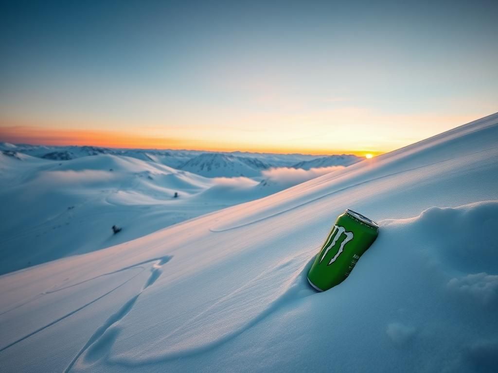 Flick International Snow-covered mountain landscape at sunset with snowboard tracks and Monster Energy drink can