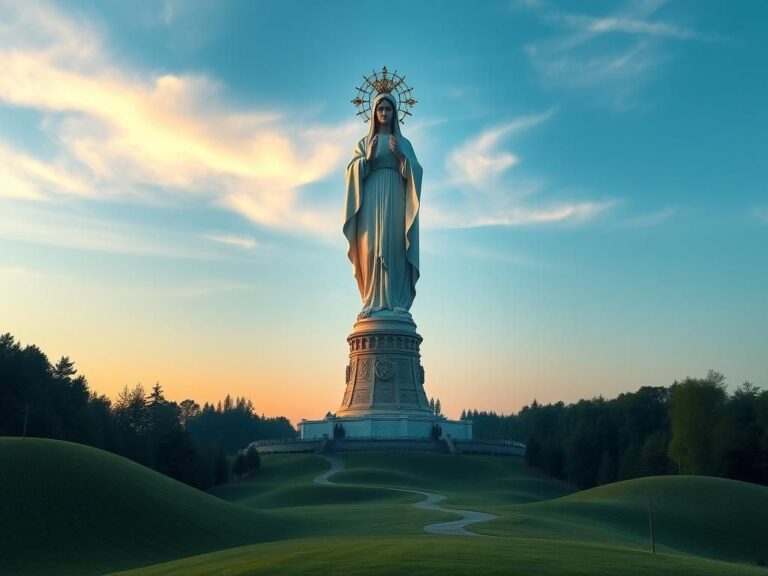 Flick International Majestic Virgin Mary statue nearly 200 feet tall in Poland's serene landscape