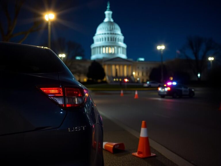 Flick International Nighttime scene outside the U.S. Capitol building with a parked car showing signs of a recent incident