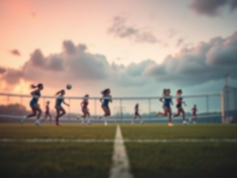 Flick International Blurred sports field at dawn with a volleyball net and silhouettes of female athletes, representing the debate on trans athlete inclusion