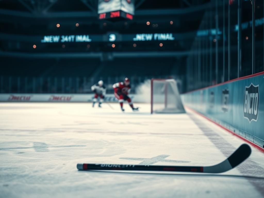 Flick International Close-up of a marked ice rink near boards after a serious hockey collision