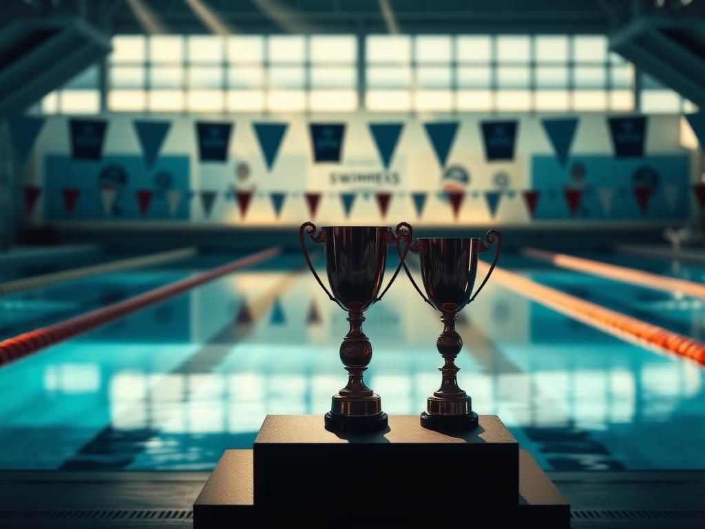 Flick International Serene swimming pool scene with racing lanes and trophies symbolizing competition