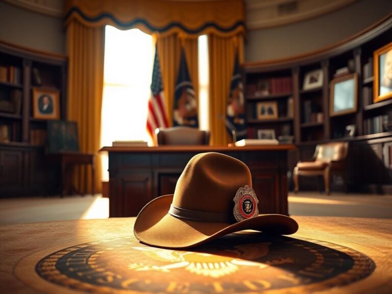 Flick International DJ Daniel presenting his brown cowboy hat on the Resolute Desk in the Oval Office