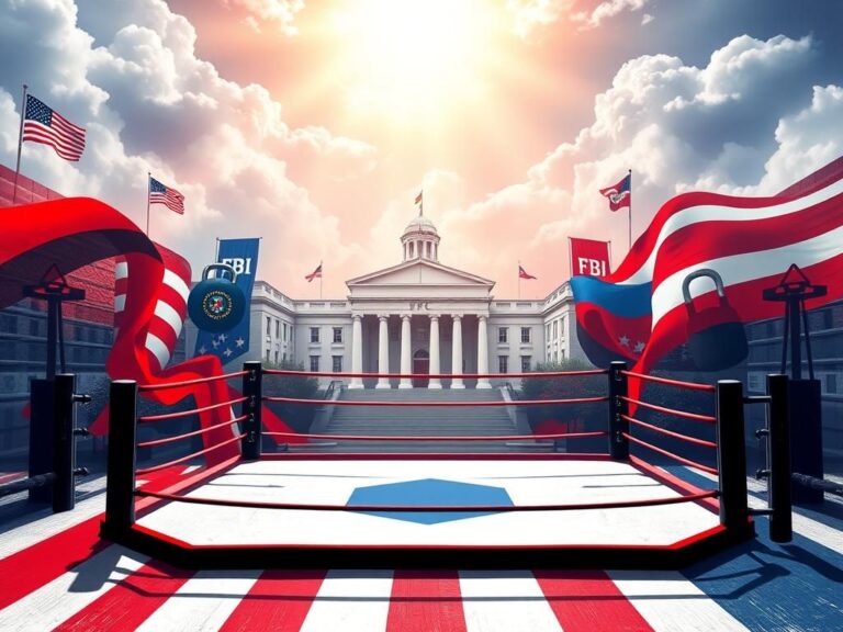 Flick International Dynamic scene of a UFC octagon with patriotic colors and fitness elements illustrating collaboration with the FBI