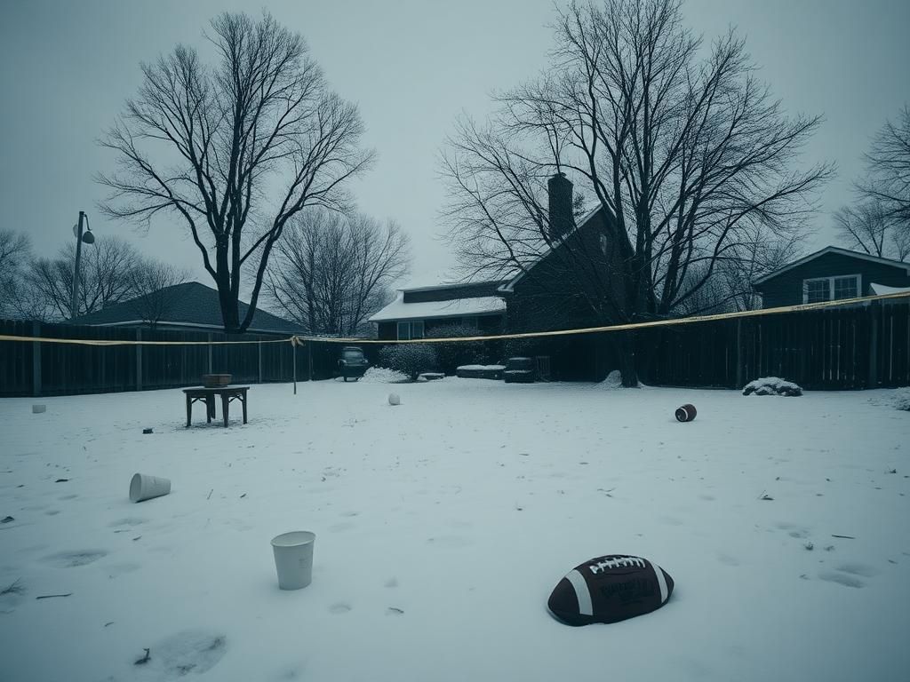 Flick International A somber winter scene in a Kansas City backyard with snow covering remnants of an NFL watch party