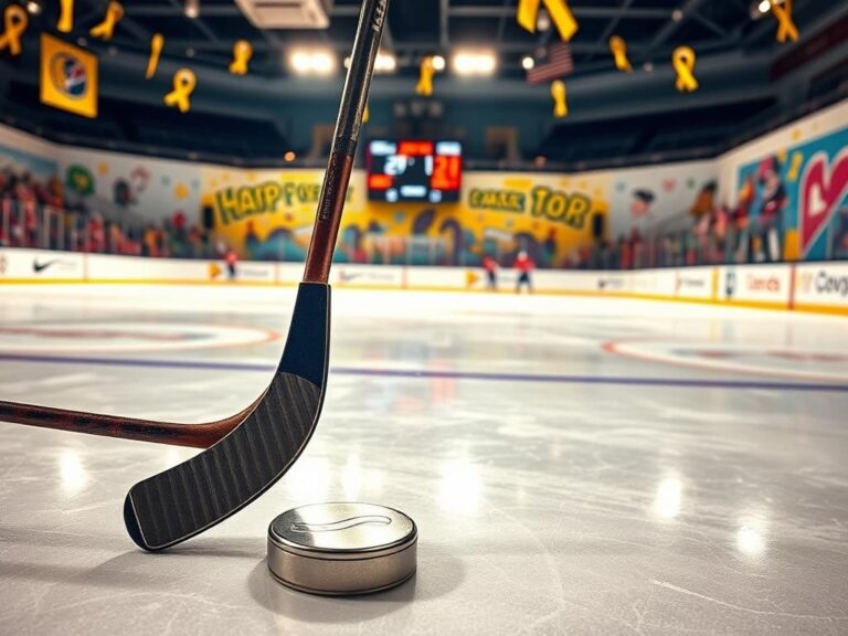 Flick International Ice hockey rink decorated for pediatric cancer awareness with a hockey stick and puck