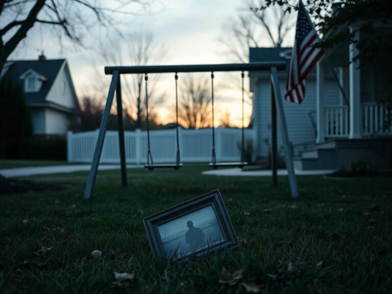 Flick International A deserted swing set in a quiet suburban neighborhood symbolizing loss and absence