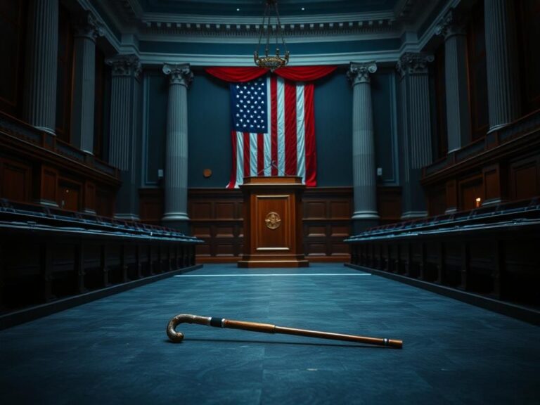 Flick International An empty congressional chamber with ornate architecture and an abandoned cane on the floor