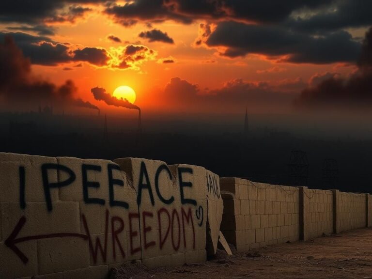 Flick International Tense landscape representing conflict in the Middle East with a weathered stone wall and smoke in the background