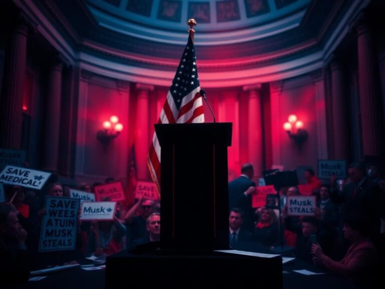 Flick International Abstract representation of a chaotic political scene in the U.S. Capitol with a podium and glowing American flag.