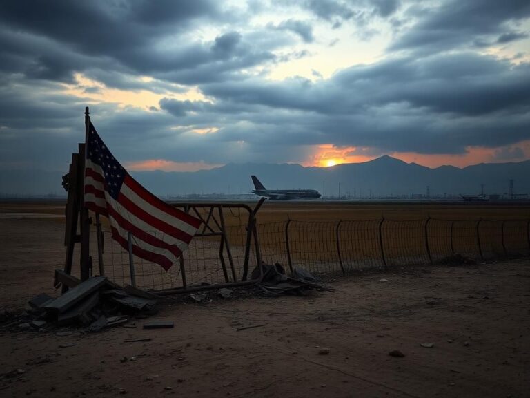 Flick International Desolate landscape of Kabul featuring a crumbling barricade and a faded American flag