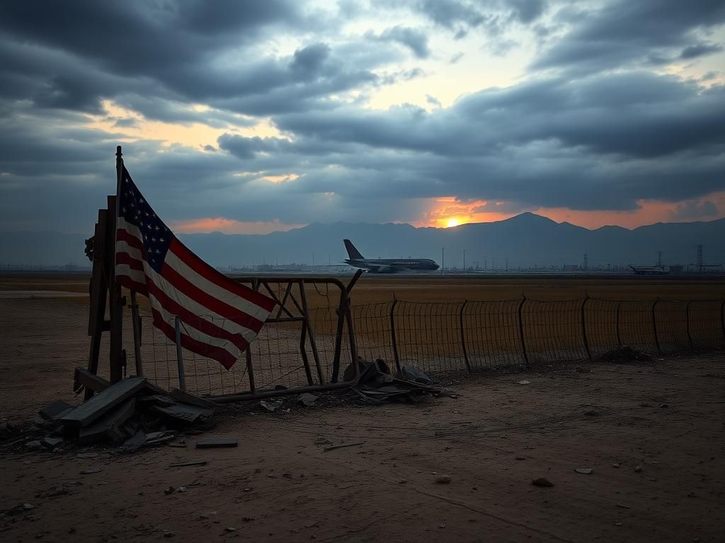 Flick International Desolate landscape of Kabul featuring a crumbling barricade and a faded American flag