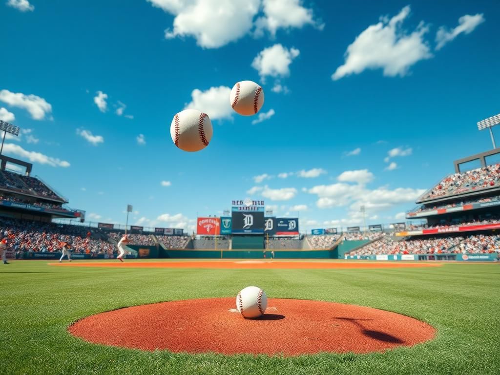 Flick International A dramatic scene of a baseball pitcher on the mound with three baseballs soaring into the sky during a spring training game.