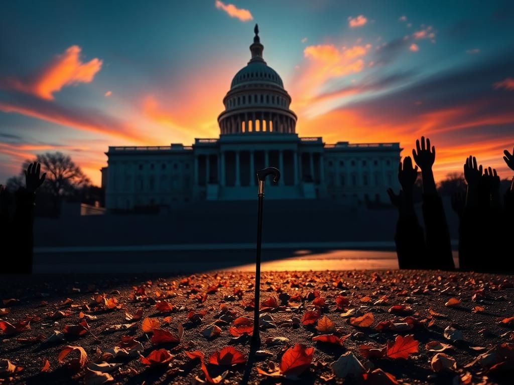 Flick International U.S. Capitol building at sunset with a solitary walking cane symbolizing civil rights struggles