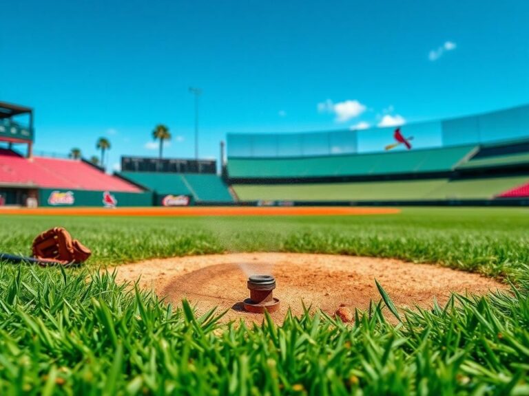 Flick International Spring training game scene featuring lush grass and a baseball field with a sprinkler head indicating an injury incident