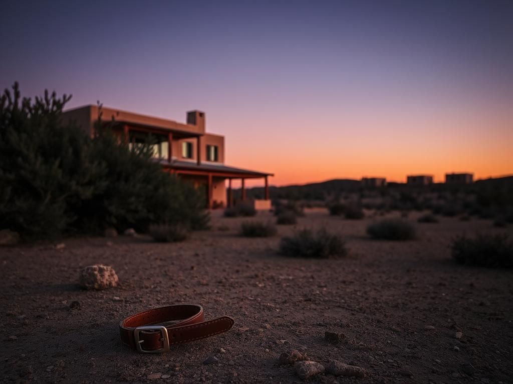 Flick International A serene Santa Fe home surrounded by dry desert landscaping, highlighting themes of loss and absence.