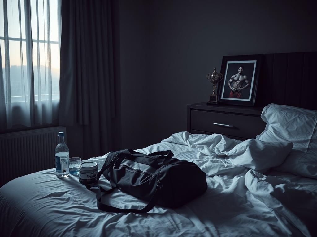 Flick International A somber hotel room scene with fitness items symbolizing dedication and loss