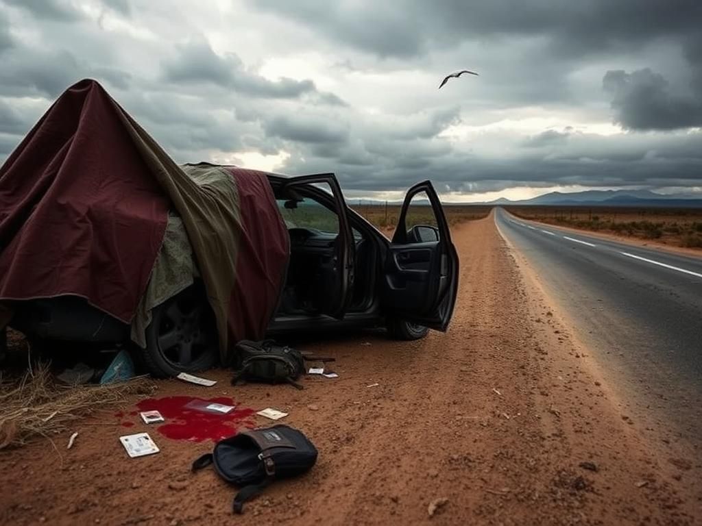 Flick International Abandoned car on a desolate highway in rural Mexico, partially covered by a blood-stained tarp