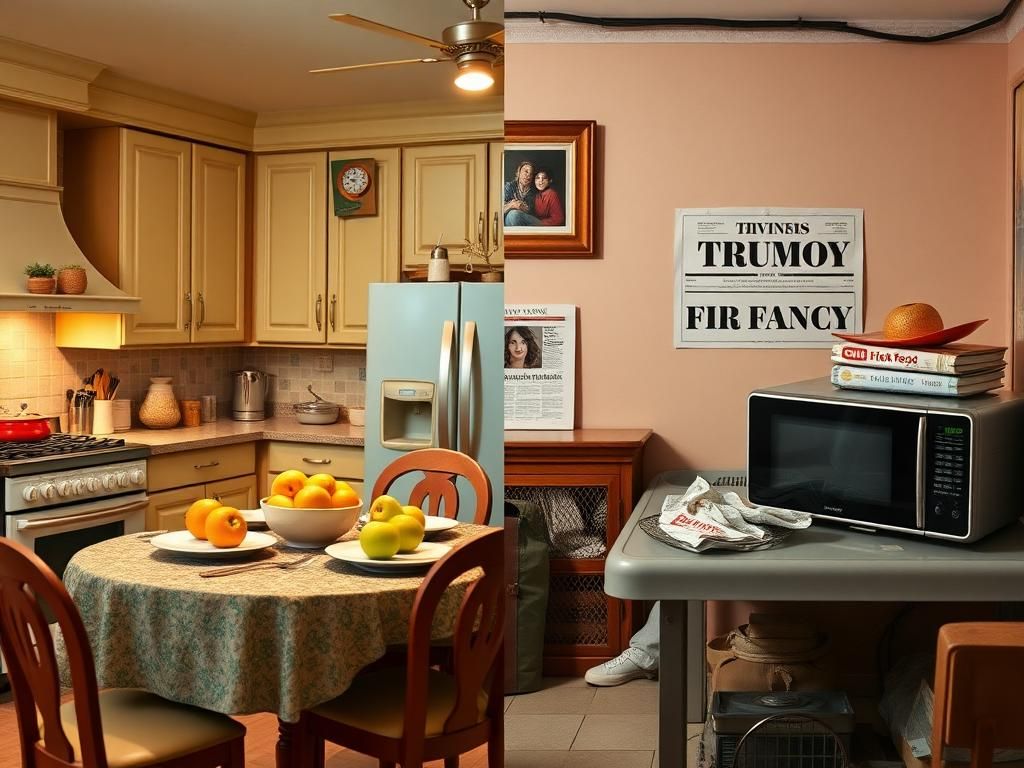 Flick International Split-screen image contrasting a cozy upscale kitchen and a cluttered retro kitchen, symbolizing childhood privilege and modesty.