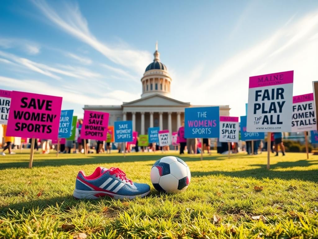 Flick International Vibrant outdoor scene with protest signs advocating for women's sports rights near Maine's State House