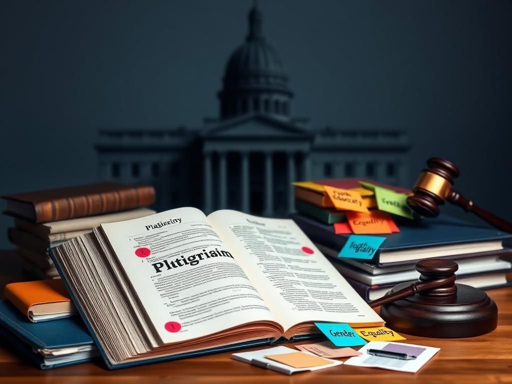 Flick International Collage of academic textbooks and legal documents on a wooden desk representing the debate over Arizona's Save Women's Sports Act