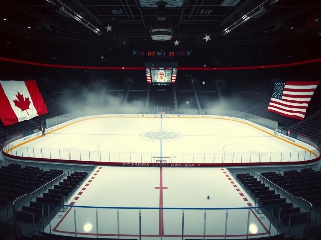 Flick International Dramatic view of a hockey arena showcasing Canada and U.S. flags amid empty seats