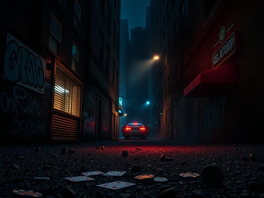 Flick International Dimly lit alleyway in New York City showcasing graffiti and a discarded police badge