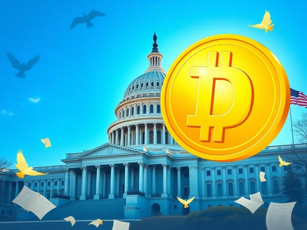 Flick International A vibrant depiction of the U.S. Capitol building with a golden dogecoin symbol in the foreground